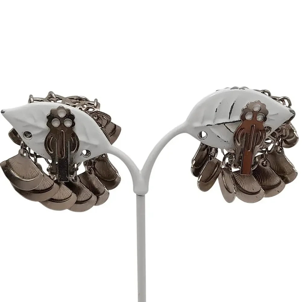 Vintage 1960s Fan Shaped Dangling Clip Earrings, Silver Tone Filigree, 1 1/4 In.